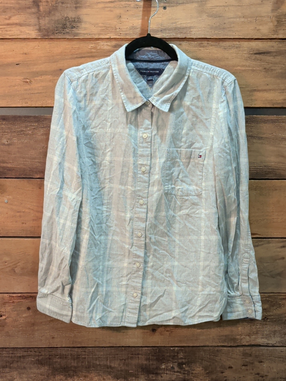 Tommy Hilfiger Plaid Light Grey and White  Button-Down Shirt. Large